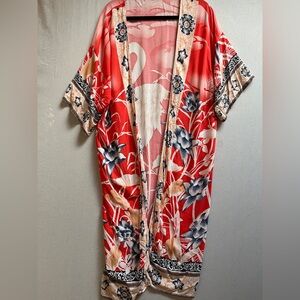 Kimono Floral Red Kimono Robe with Crane Motif